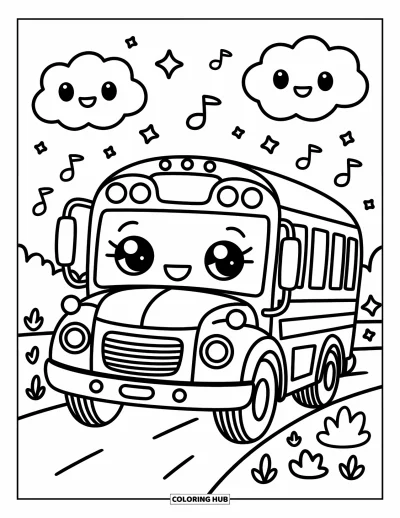 Coloriage d’école pour adultes : Un bus scolaire joyeux aux phares expressifs avance parmi des nuages ludiques et des notes de musique