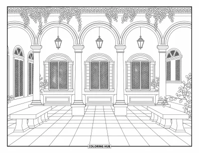 Coloriage d’école pour adultes : Une cour paisible avec des bancs élégants, des lanternes et des motifs d’arches complexes