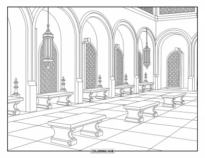 Coloriage d’école pour adultes : Une cour paisible avec des lanternes, des arches, des bancs en pierre et de riches motifs floraux