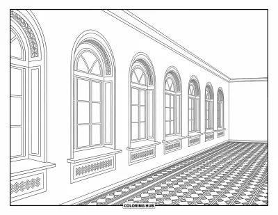 Coloriage d’école pour adultes : Un couloir d’école tranquille avec des fenêtres cintrées, des carreaux à motifs et de délicats ornements muraux