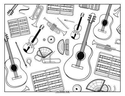 Coloriage d’école pour adultes : Une scène de salle de musique relaxante avec des instruments, des partitions et des détails de fond ornés