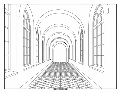 Coloriage d’école pour adultes : Un couloir serein avec des fenêtres cintrées, des motifs floraux au sol et des ornements muraux répétés