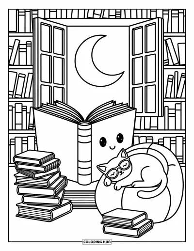Coloriage d’école pour adultes : Un chat somnolent avec des lunettes se repose sur un pouf près de livres souriants et d’une lune lumineuse