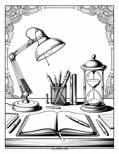 Coloriage d’école pour adultes : Une scène de bureau d’enseignant avec une lampe, un sablier, des stylos et d’élégantes bordures à motifs