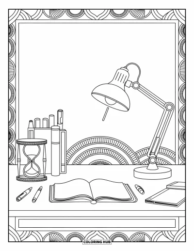 Coloriage d’école pour adultes : Un bureau d’enseignant avec une lampe vintage, un cahier, des stylos et un sablier détaillé