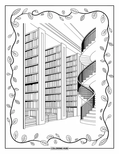 Coloriage d’école pour adultes : Une scène de bibliothèque paisible avec des piles de livres, des lianes ondulantes et un escalier en colimaçon