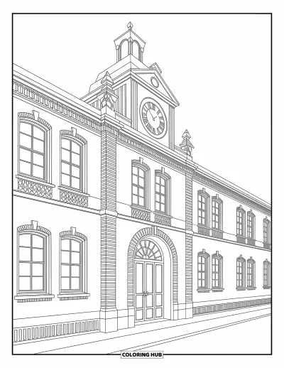 Coloriage d’école pour adultes : Un bâtiment scolaire ancien avec des fenêtres ornées, des briques détaillées et une tour d’horloge décorative