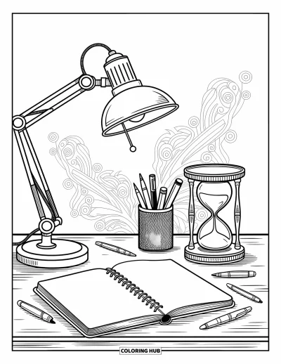 Coloriage d’école pour adultes : Un bureau d’enseignant vintage avec des détails ornés, un sablier et des motifs décoratifs en arrière-plan
