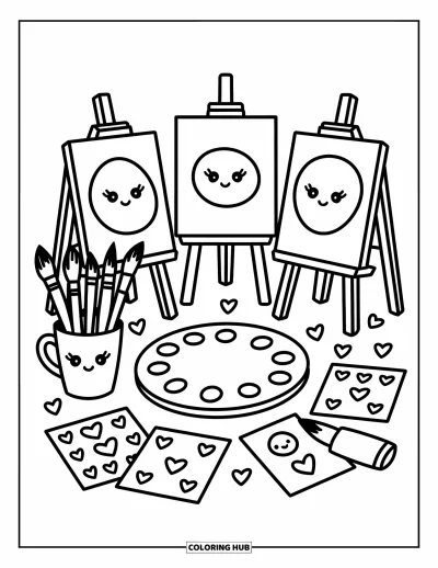 Coloriage d’école pour adultes : Une scène de cours d’art avec des croquis joyeux, de jolis pinceaux et des cœurs autour d’une palette