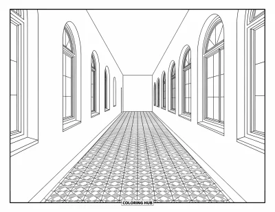 Coloriage d’école pour adultes : Un couloir élégant avec des carreaux à motifs, des fenêtres cintrées et des décorations murales artistiques