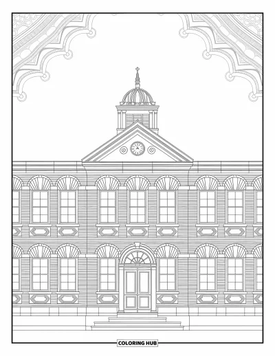 Coloriage d’école pour adultes : Un vieux bâtiment d’école avec des fenêtres complexes, une haute tour d’horloge et des motifs décoratifs