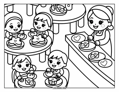 Coloriage d’école pour adultes : Quatre enfants joyeux sont assis à des tables arrondies et grignotent ensemble des sandwichs étoilés et des cupcakes souriants