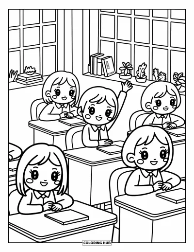 Coloriage d’école pour adultes : Quatre élèves joyeux sont assis dans une salle de classe chaleureuse avec des plantes et des livres ludiques à proximité