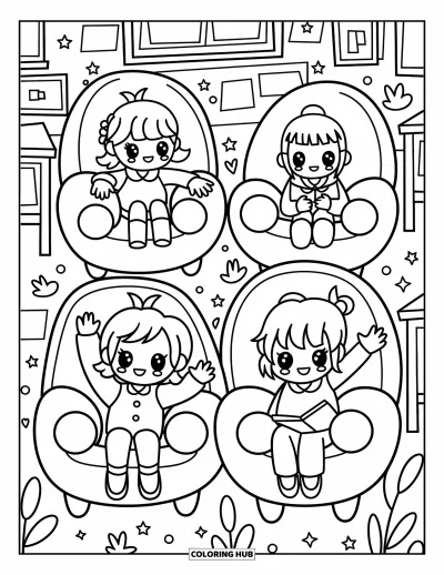 Coloriage d’école pour adultes : Quatre enfants heureux sont assis à des bureaux dans une classe chaleureuse, entourés de petits livres et de plantes