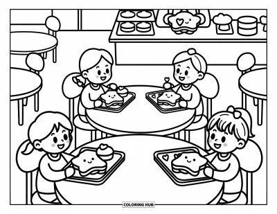 Coloriage d’école pour adultes : Quatre enfants savourent des déjeuners ludiques à des tables de cantine chaleureuses, avec une cantinière souriante
