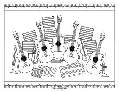 Coloriage d’école pour adultes : Des guitares, des violons et des trompettes reposent parmi des partitions avec des motifs tourbillonnants raffinés