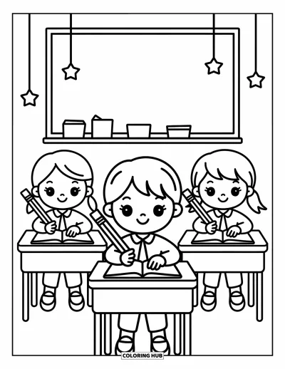 Coloriage d’école pour adultes : Des enfants sont assis à des bureaux ronds en tenant des crayons géants, avec des étoiles suspendues et des gribouillis au tableau