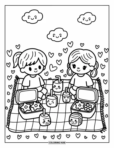 Coloriage d’école pour adultes : Des enfants sont assis sur une couverture avec des bentos amusants et des briques de jus souriantes sous de jolis nuages
