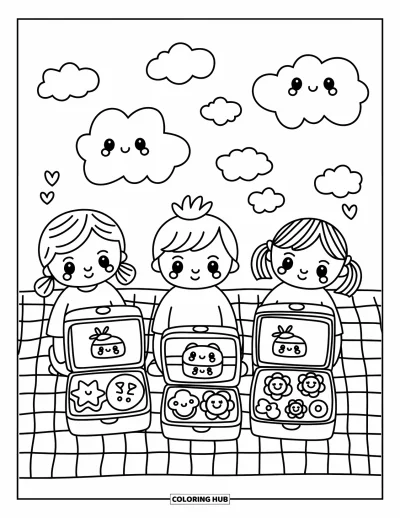 Coloriage d’école pour adultes : Des enfants sont assis sous des nuages moelleux, avec des aliments en forme d’étoile et des briques de jus souriantes