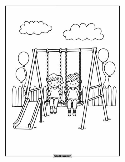 Coloriage d’école pour adultes : Des enfants se balancent joyeusement, avec des ballons attachés à une clôture et des nuages moelleux au-dessus