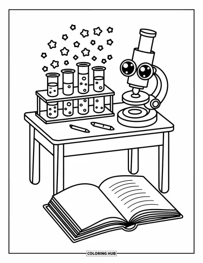 Coloriage d’école pour adultes : Des bulles étoilées montent des béchers près d’un microscope joyeux et d’un livre de sciences ouvert