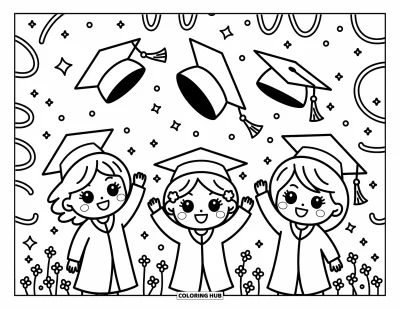 Coloriage d’école pour adultes : Trois enfants joyeux fêtent leur remise de diplômes en lançant leurs toques, avec des confettis et de petits ballons