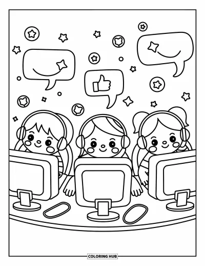 Coloriage d’école pour adultes : Trois enfants joyeux sont assis devant des ordinateurs avec des bulles ludiques montrant des pouces levés et des étoiles