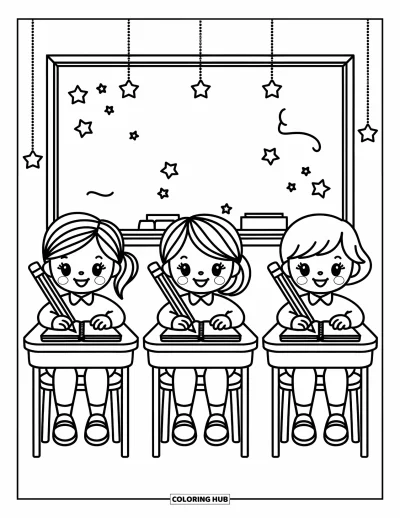 Coloriage d’école pour adultes : Trois enfants joyeux sont assis à des bureaux ronds avec de grands crayons, des cahiers et un tableau noir griffonné