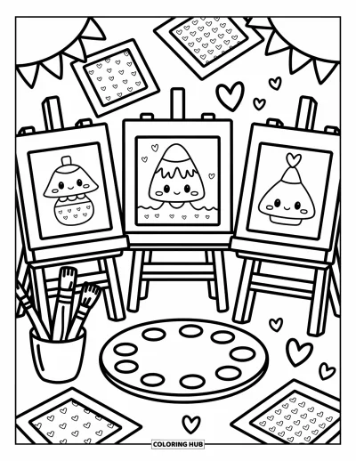 Coloriage d’école pour adultes : Trois chevalets présentent des dessins ludiques avec des pinceaux, des feuilles éparpillées et de petits cœurs