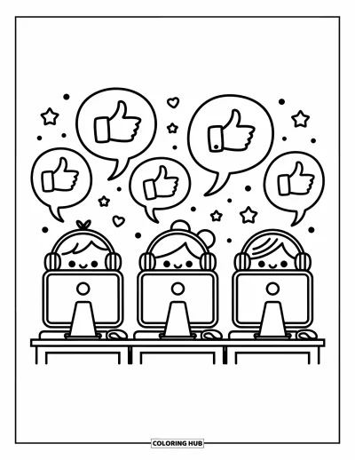 Coloriage d’école pour adultes : Trois enfants heureux sont assis devant des ordinateurs avec des bulles de dialogue amicales au-dessus