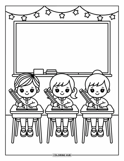 Coloriage d’école pour adultes : Trois enfants tiennent de grands crayons à des bureaux ronds, avec des étoiles décoratives et des dessins fantaisistes au tableau