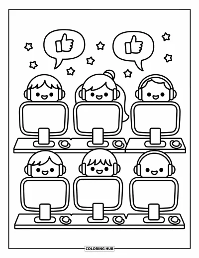 Coloriage d’école pour adultes : Trois enfants sont assis dans une salle informatique chaleureuse avec des casques et des bulles de dialogue amicales