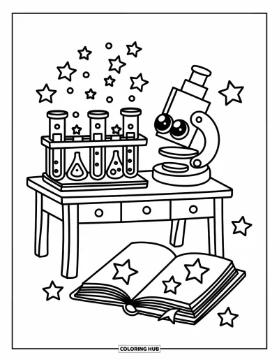 Coloriage d’école pour adultes : De petites bulles étoilées remplissent des béchers à côté d’un microscope ludique et d’un livre de sciences accueillant