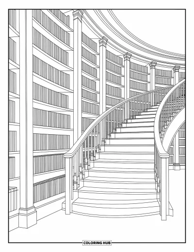 Coloriage d’école pour adultes : De hautes bibliothèques et un escalier en colimaçon composent une scène de bibliothèque détaillée et paisible