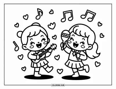 Coloriage d’école pour adultes : Deux enfants joyeux jouent du ukulélé et des maracas parmi des notes de musique et des cœurs