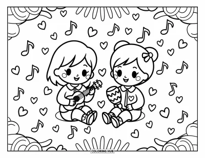 Coloriage d’école pour adultes : Deux enfants jouent de la musique avec un ukulélé et des maracas, entourés de notes dansantes et de cœurs