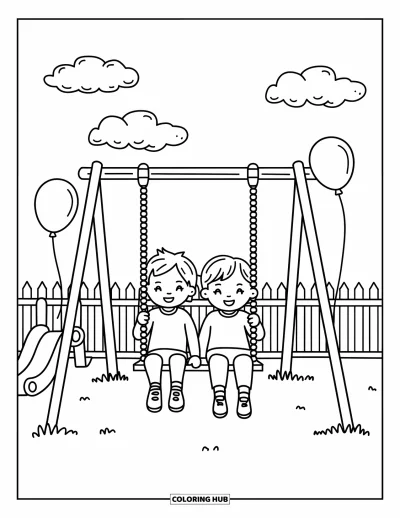 Coloriage d’école pour adultes : Deux enfants sont assis sur une balançoire de cour de récréation, avec des ballons et des nuages doux autour d’eux