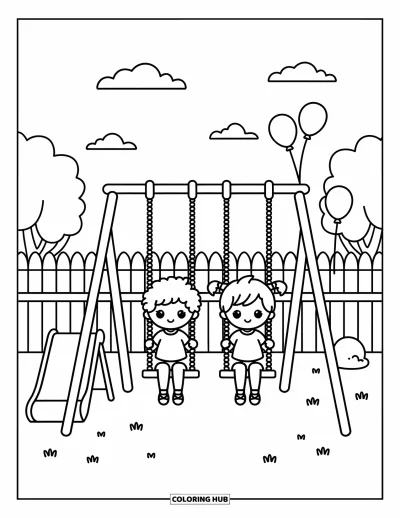 Coloriage d’école pour adultes : Deux enfants sont assis sur des balançoires près d’un petit toboggan et de ballons attachés à la clôture