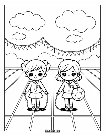 Coloriage d’école pour adultes : Deux élèves joueurs se tiennent sur un terrain de sport avec de petits drapeaux et des nuages en forme de trophée