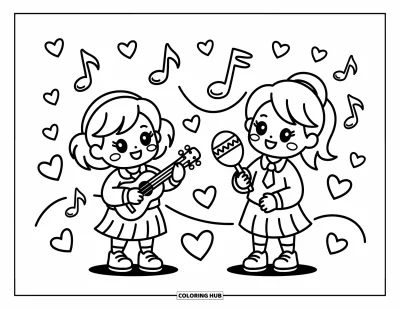 Coloriage d’école pour adultes : Deux élèves jouent joyeusement de petits instruments avec des cœurs et des notes de musique flottants autour
