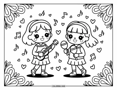 Coloriage d’école pour adultes : Deux élèves jouent des instruments pendant que des notes et des cœurs tourbillonnent autour d’eux