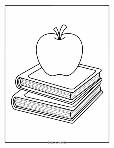 Coloriage d’école pour enfants : Une grande pomme repose sur deux livres ouverts aux traits simples et amusants