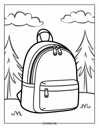 Coloriage d’école pour enfants : Un grand sac à dos avec fermetures éclair et poche avant repose parmi des arbres doux et des nuages