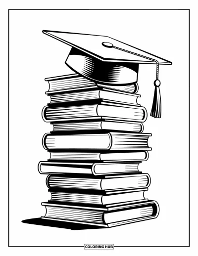 Coloriage d’école pour enfants : Une bibliothèque remplie de manuels se dresse avec une toque de diplômé posée dessus
