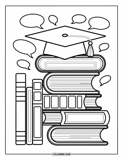 Coloriage d’école pour enfants : Une bibliothèque remplie de manuels s’élève haut, avec des visages joueurs et des bulles de dialogue qui dépassent