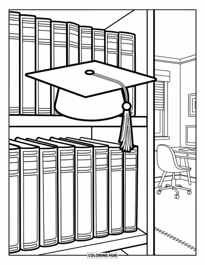 Coloriage d’école pour enfants : Une bibliothèque avec des manuels et une toque de diplômé se trouve dans une chambre d’ado chaleureuse