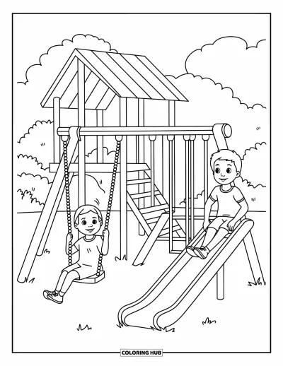 Coloriage d’école pour enfants : Un garçon et une fille s’amusent sur un toboggan et une balançoire dans la cour de récréation