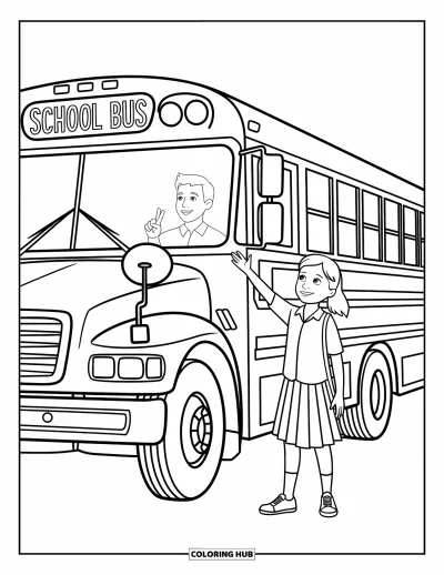 Coloriage d’école pour enfants : Un bus arrive pour prendre une écolière qui fait signe joyeusement au conducteur