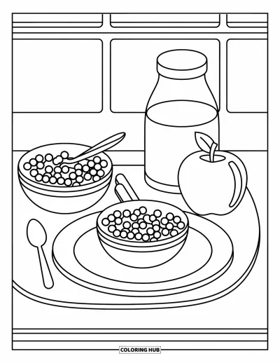 Coloriage d’école pour enfants : Un plateau de cantine avec céréales, pomme et lait, prêt pour le déjeuner
