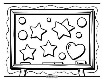 Coloriage d’école pour enfants : Un tableau noir montre des formes ludiques comme des étoiles, des cercles et un cœur